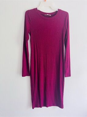 Long Sleeve Ribbed Bodycon Dress in Bordeaux